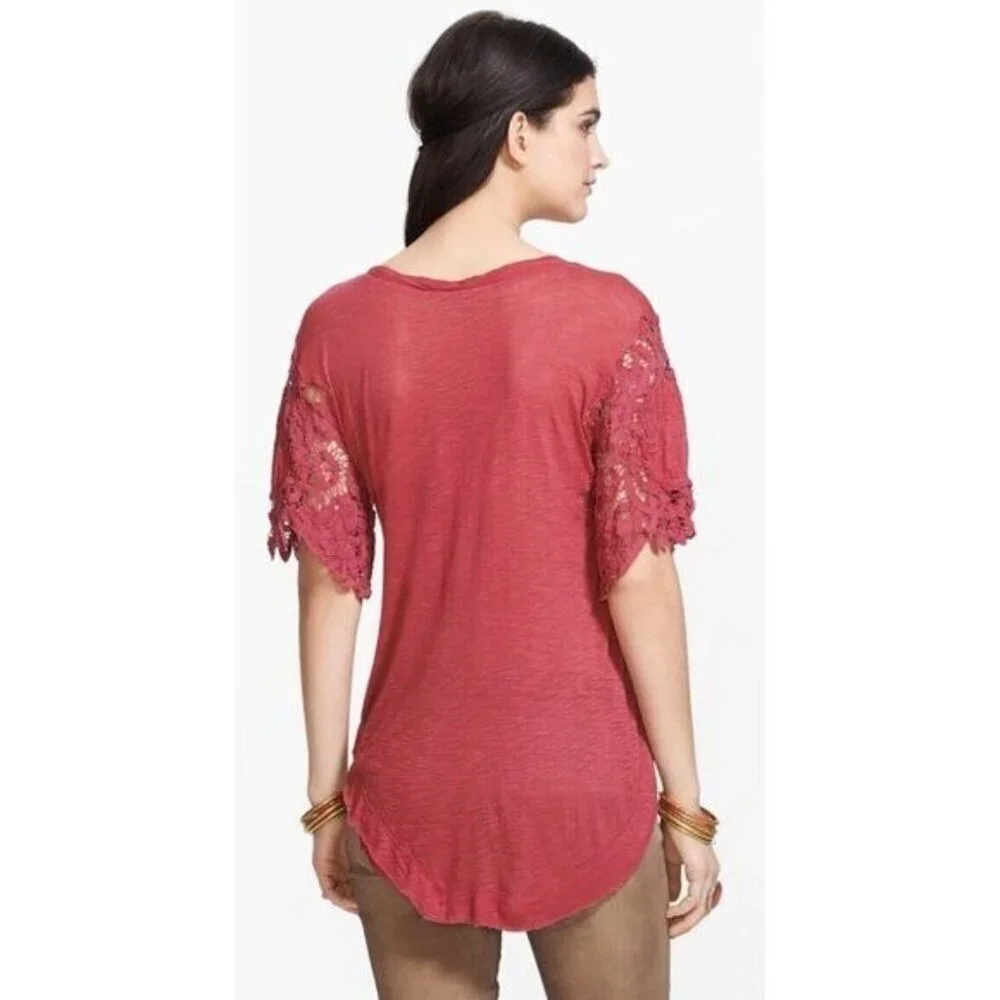 Free People Mallary's Battenburg Raspberry Lace Sleeve Top